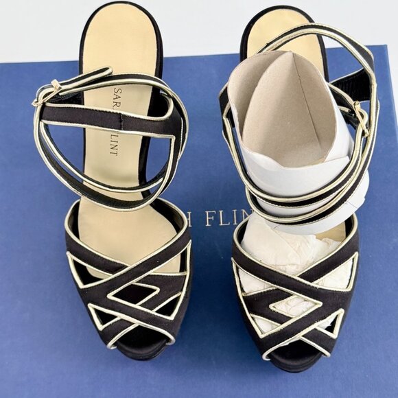 Sarah Flint Black Satin & Gold Mihaela 120mm platform Heels - Picture 9 of 13